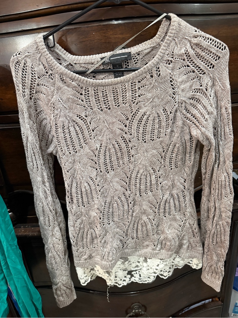 INC International Concepts Beige Openwork Knit Sweater with Lace Hem